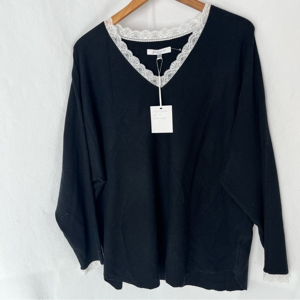 Sioni Women's Plus Size Black Sweater with White Lace Detail Cottagecore Office